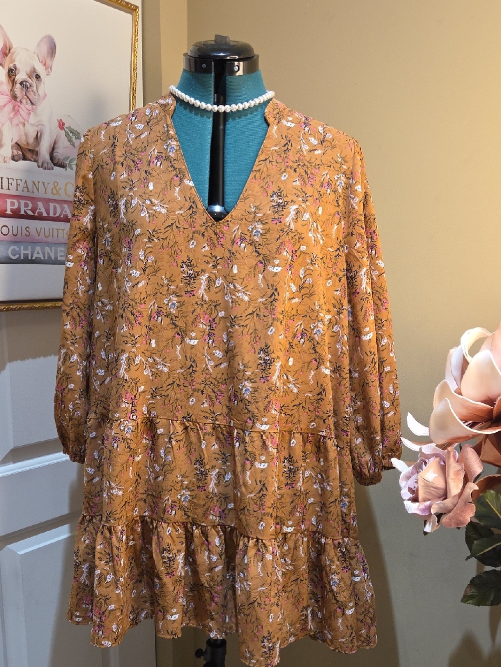 Nwot XL MELLODAY Mustard Floral V-Neck Tiered Mini Dress 3/4 Sleeve